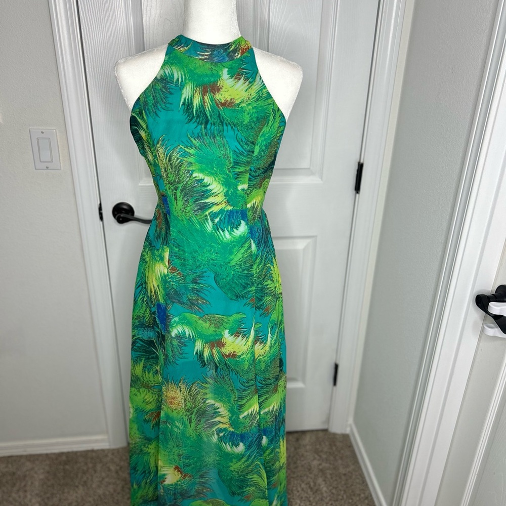 Lulu's Teal and Lime Halter Backless Maxi Dress